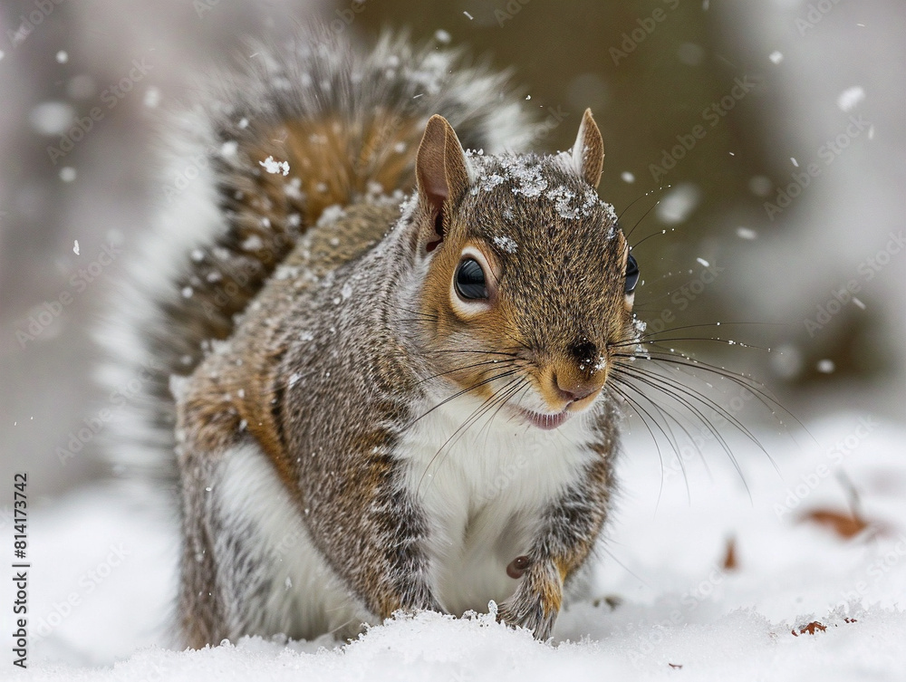 White fluffy squirrel with a bushy tail looking for food in a winter wonderland. White fluffy squirrel with a bushy tail looking for food in a winter wonderland.
