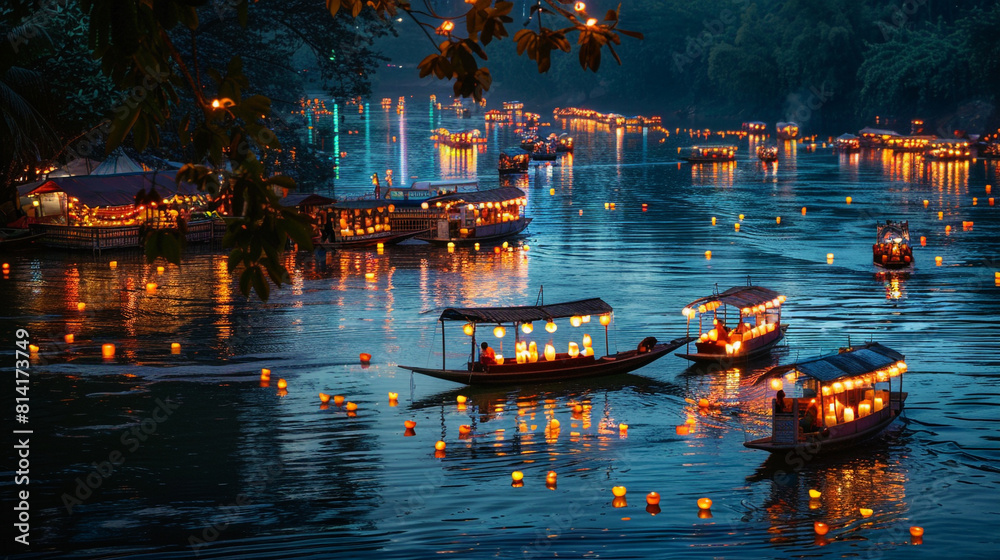 A serene scene of lantern-lit boats on the river for Loy Krathong Loy Krathong Tranquility! A serene scene of lantern-lit boats on the river for Loy Krathong Loy Krathong Tranquility!