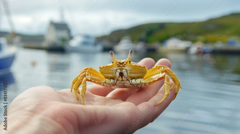 A small yellow crab in a hand close-up A small yellow crab in a hand close-up