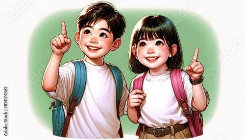 Two smiling Asian schoolmates boy and a girl with backpacks and finger pointed upwards. Concept Back to School.
