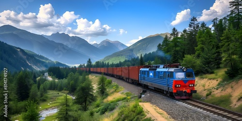 Advantages of Intermodal Transportation Evident in Efficient Cargo Train Through Mountains and Forests. Concept Intermodal Transportation, Efficient Cargo Train, Mountainous Terrain, Forest Freight