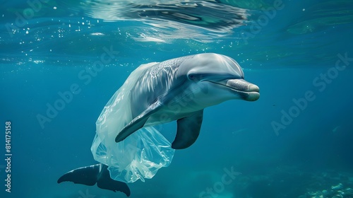 helpless dolphin ensnared in a plastic bag  ecological catastrophe 