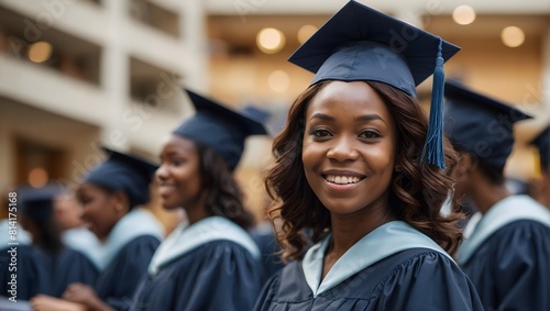 Happiness black woman in university graduate. Ai Generative.