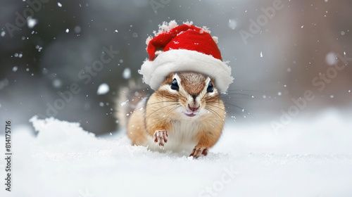 A small baby chipmunk snug in a Christmas hat scampers across the snow-covered ground its tiny footprints a testament to its adorable presence