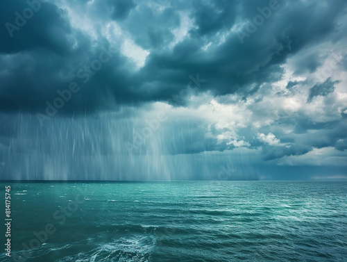 Dark clouds loom over the choppy ocean as rain pours down during a summer storm.