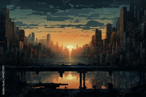 Digital illustration of a desolate and abandoned dystopian city skyline at sunset  featuring a futuristic and post-apocalyptic cityscape with brooding and mysterious atmosphere