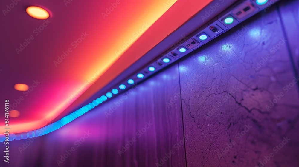ceiling adorned with vibrant led light strips, representing smart home lighting ideal as a background with space for text