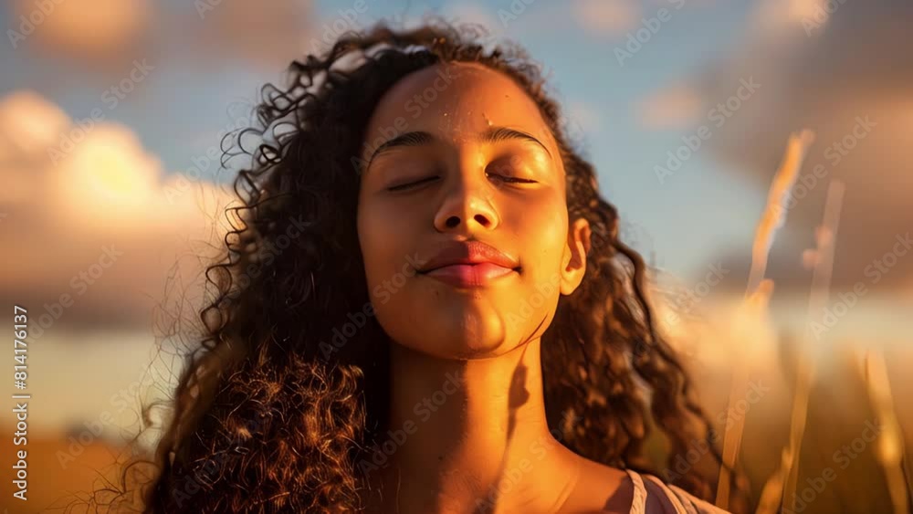 A pretty, smiling young woman of multi-ethnic heritage stands with closed eyes against a sky background, radiating serenity and joy. A pretty, smiling young woman of multi-ethnic heritage stands with closed eyes against a sky background, radiating serenity and joy.