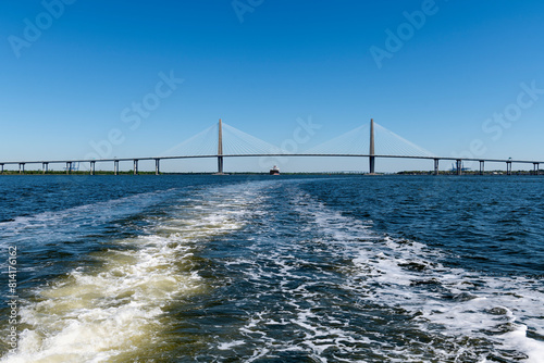 Arthur Ravenel Bridge, also known as Cooper Bridge, over harbor in Charleston, South Carolina.