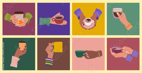 coffee, cup, hand, drink, hot, glass, morning, woman, break, vector, espresso, set, hold, tea, take, illustration, breakfast, mug, away, beverage, chocolate, caffeine, flat, bowl, cartoon, isolated, f