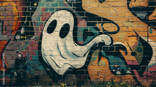 Pop art comic street graffiti with a ghost on a brick wall. Fantastic background. photo