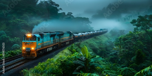 Train transportation in lush greenery is compared to trucks for environmental impact. Concept Transportation Comparison, Train vs, Truck, Environmental Impact, Green Travel, Sustainable Logistics photo