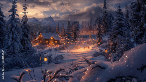 A snow-covered landscape illuminated by the soft glow of lanterns with a cozy cabin nestled among the trees radiating warmth and cheer
