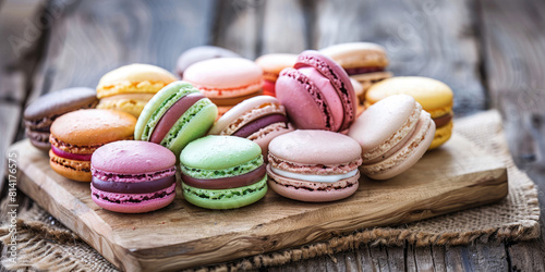 Arrangement of colorful French macarons on a rustic wooden board, variety of flavors and pastel hues photo
