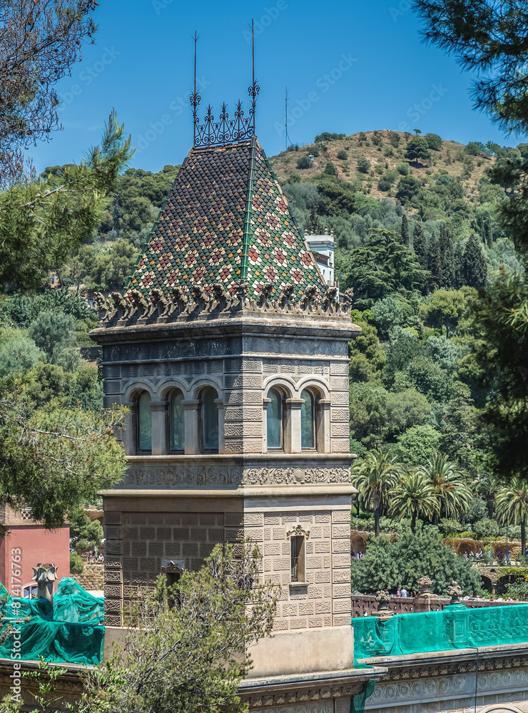 Building next to Park Guell in Barcelona city, Spain