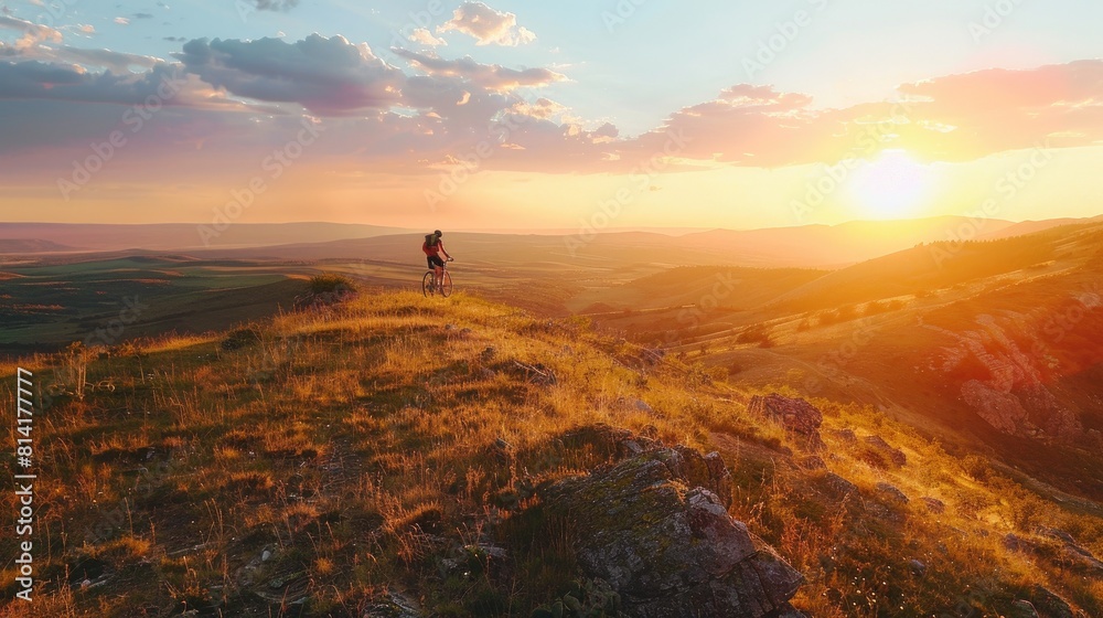 Aerial view of Hiker with bicycle watching sunset Aerial view of Hiker with bicycle watching sunset