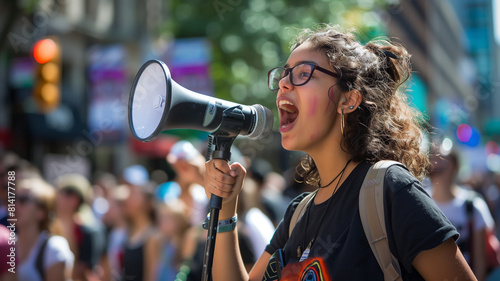 Young woman student with glasses and curly hair shouting into a megaphone during an election protest 
