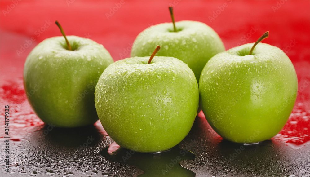 Fresh green apples on wet surface. Tasty citrus fruit. Organic and healthy. Red background. Fresh green apples on wet surface. Tasty citrus fruit. Organic and healthy. Red background.