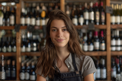 Attractive female wine sommelier in stylish apron sits in front of shelves filled with bottles