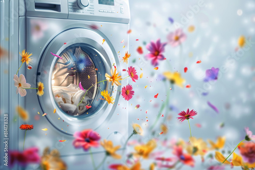 Washing machine with flowers flying around. Cleanliness and freshness concept