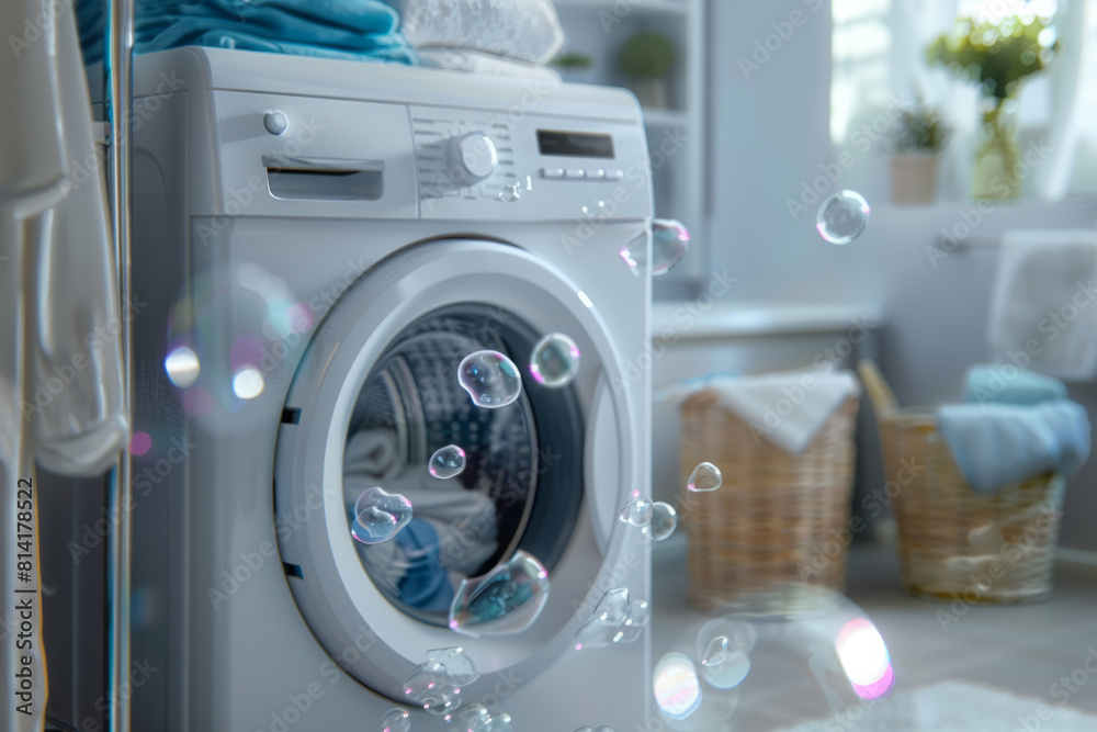 Washing machine with flying bubbles on a bathroom background