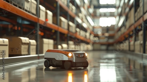 Compact delivery robot moving in a warehouse with shiny floor. Smart logistics solutions concept for design and print.