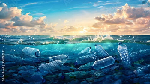 Plastic water bottles and bags floating in ocean landscape, spilled garbage microplastics covering on beach, pollution problem concept, Unhealthy environment problem.