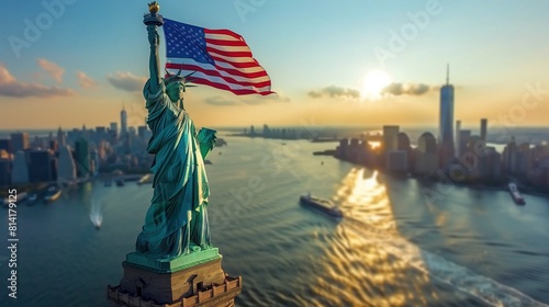 Independent Day of USA. Statue of liberty and american Flag Wave Close Up for Memorial Day or 4th of July