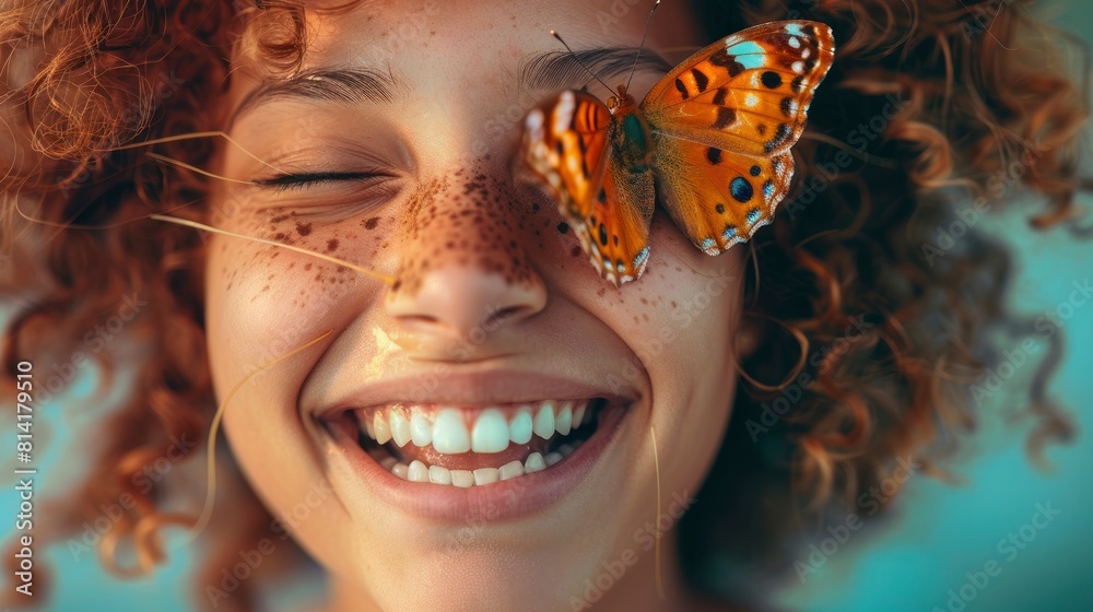 A Funny Laughing Curly Girl With A Butterfly On Her Nose Spread Joy And Laughter Wherever She Went,High Resolution