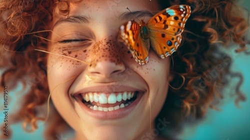 A Funny Laughing Curly Girl With A Butterfly On Her Nose Spread Joy And Laughter Wherever She Went,High Resolution photo