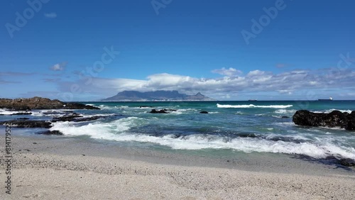 Bloubergstrand west coast South Africa.  19. 04. 2024. View of Cape Town and Table Mountain from the seaside resort of Bloubergstand   across Table Bay on the West Coast of South Africa.