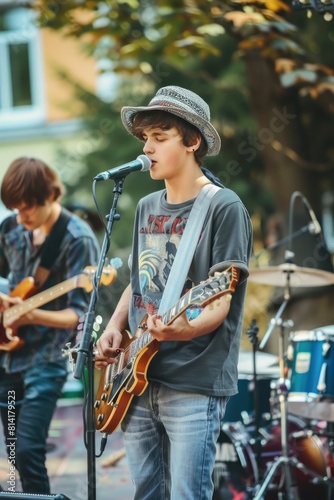 A young rock band is perfor...