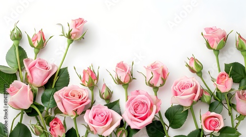 Rose flowers on white background with copy space for design  text. Top view of pink roses and rose buds. 