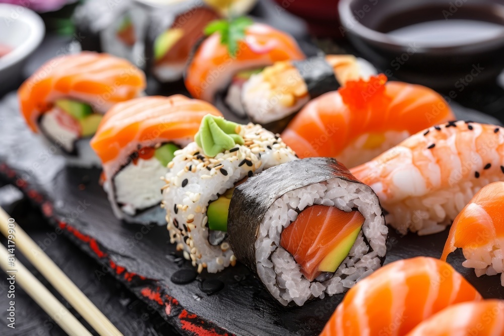 Close-up of Sushi Roll with Chopsticks on Slate Plate Close-up of Sushi Roll with Chopsticks on Slate Plate