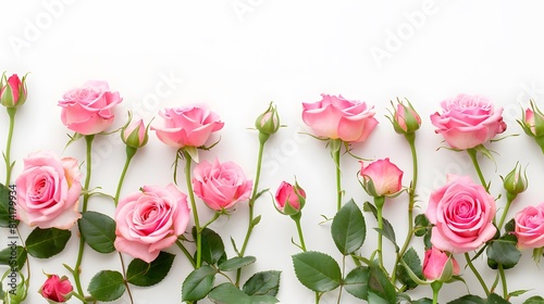 Rose flowers on white background with copy space for design  text. Top view of pink roses and rose buds. 