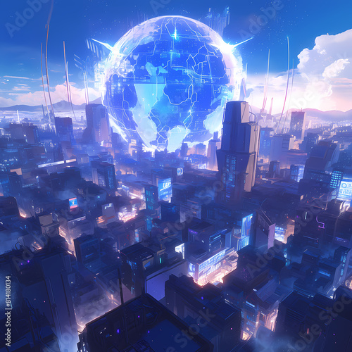 Explosive Dusk: Futuristic Metropolis with Towering High-Rises and Glowing Earth Satellite