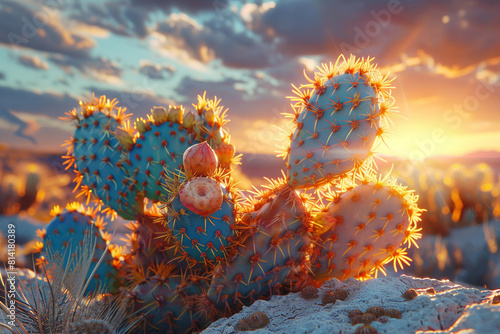 A close-up of a prickly pear, its flat pads covered in tiny spines, with a breathtaking sunrise illuminating the desert landscape behind. photo