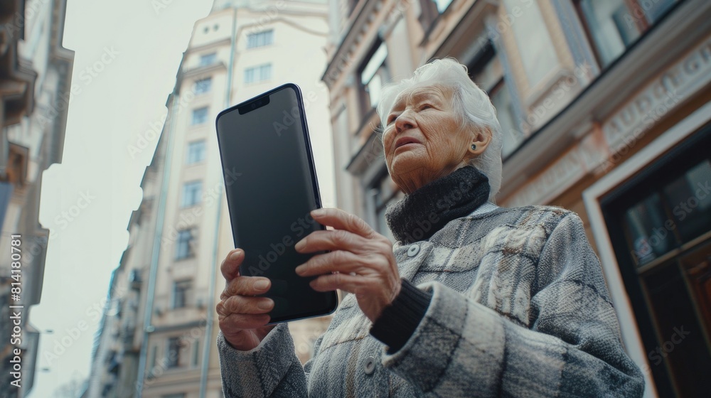An old aged women talking on large mobile phone while on a call An old aged women talking on large mobile phone while on a call
