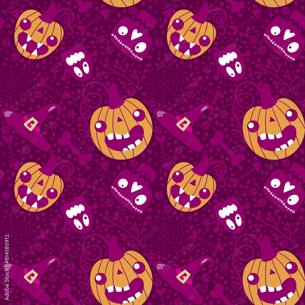 Cartoon Halloween pumpkins seamless ghost and skulls and bones and web and witch hat pattern Cartoon Halloween pumpkins seamless ghost and skulls and bones and web and witch hat pattern