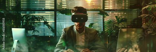 The man collaborates with colleagues in a virtual office  attending meetings and working together seamlessly in a VR-powered workspace.