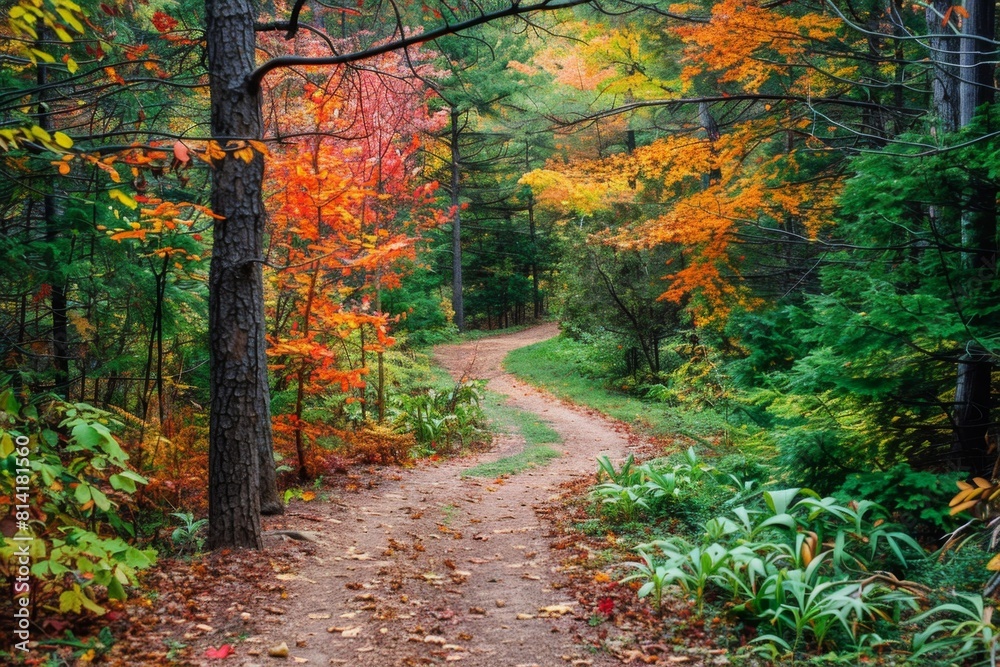 A winding path through an autumn forest, with colorful leaves and green foliage on both sides of the trail There's also some small plants like ferns in between them Generative AI A winding path through an autumn forest, with colorful leaves and green foliage on both sides of the trail There's also some small plants like ferns in between them Generative AI