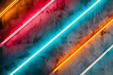 Illustration, thin long neon lamps on a grunge plaster wall. Modern background with light effect texture.