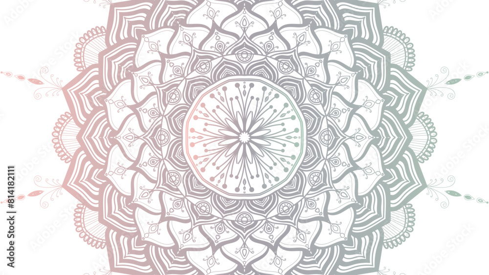 Round mandala on dreamy peach fuzz gradient background. Translucent mesh pattern in the form of a mandala. Mandala with floral patterns. Gradient background with round mandala. Round mandala on dreamy peach fuzz gradient background. Translucent mesh pattern in the form of a mandala. Mandala with floral patterns. Gradient background with round mandala.