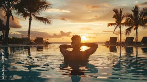 Illustration of a man soaking in a pool with a beautiful sunset in the background. Ai generated