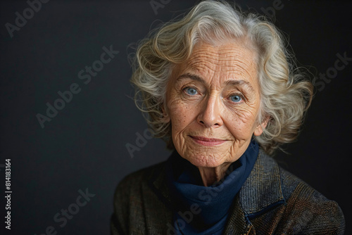 Senior caucasian woman posing in business suit against dark grey background with copy space for ads © Spicy World