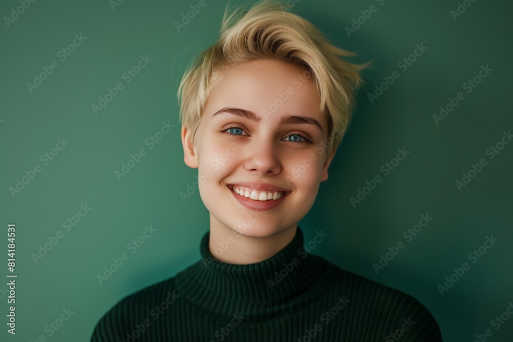 Fototapeta premium Smiling Blond Woman in Green Sweater. Generative AI.