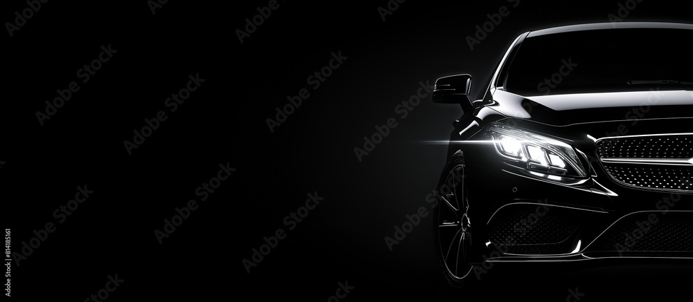 Naklejka premium Luxury black car with headlights on against black background. Generative ai