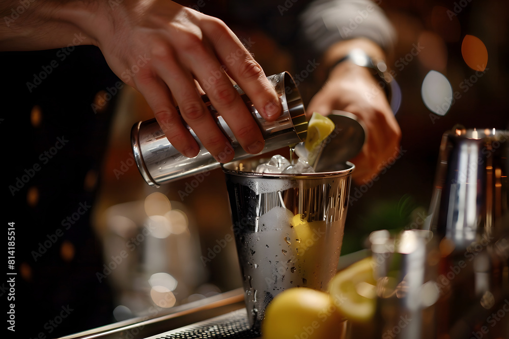 a mixologist's hands meticulously measuring and pouring cocktail ingredients into a shaker