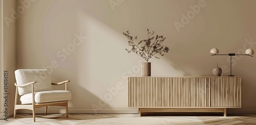 Modern living room interior with an armchair, wooden sideboard and empty wall mock up