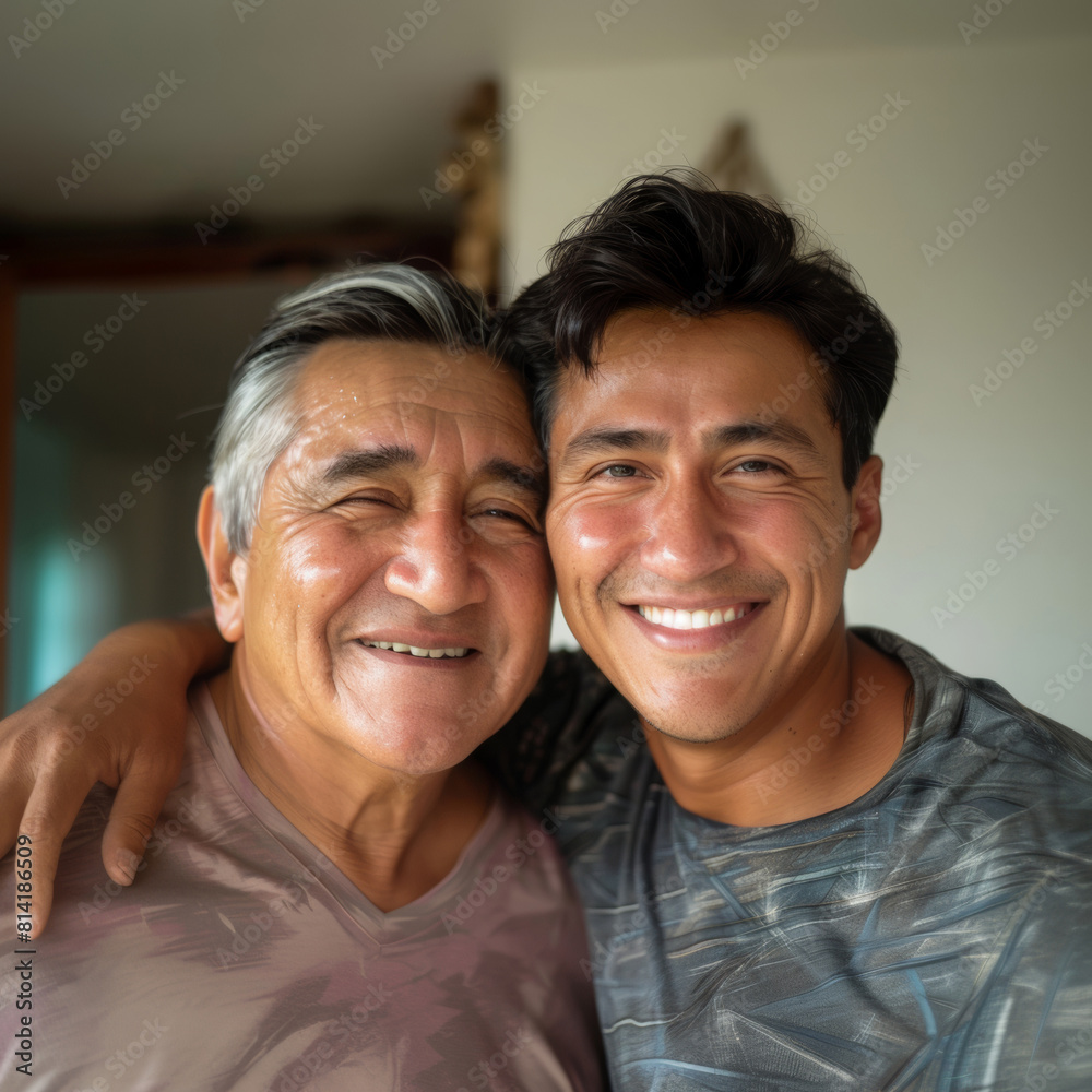 Happy smiling father with his adult son sitting together and hugging, father's day concept Happy smiling father with his adult son sitting together and hugging, father's day concept